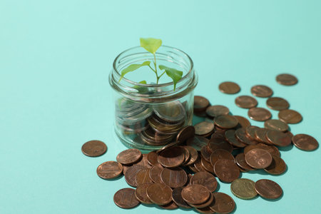 Glass jar with coins and sprout on light blue background, closeup