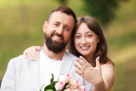 Making marriage proposal. Woman showing engagement ring and hugging her fiance outdoors, selective focusの写真素材