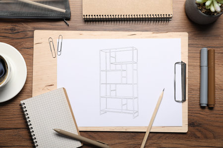 Sketch of shelving unit and stationery on wooden table, flat layの写真素材