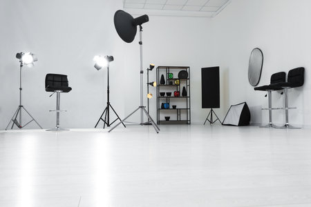 Interior of modern photo studio with professional equipmentの写真素材