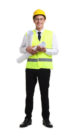 Young engineer in hard hat and reflective vest with drafts on white background