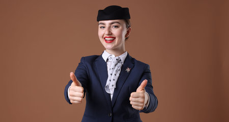 Charming stewardess showing thumbs up on brown background