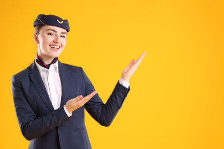 Beautiful stewardess showing something on yellow background. Space for text