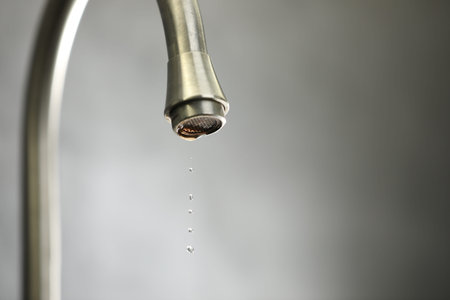 Water saving concept. Water dripping from tap against gray background, closeup. Space for text
