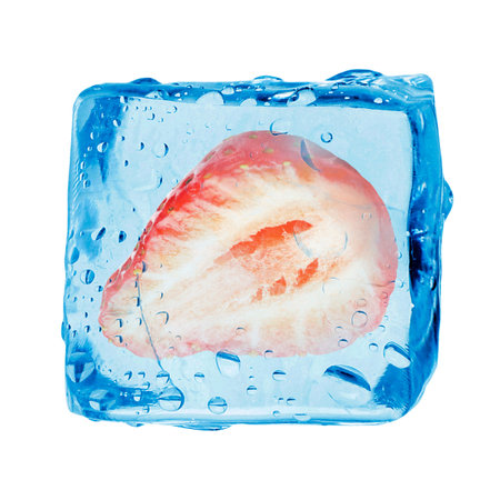 Half of fresh strawberry in ice cube isolated on whiteの写真素材