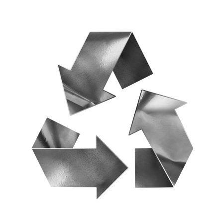 Recycle sign. Chasing arrows made of metal on white background