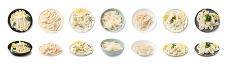 Squid rings isolated on white, set. Top and side view