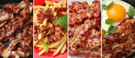 Greasy food texture. Collage with fried bacon