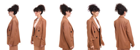 Beautiful woman on white background. Collage of portraits from different sides