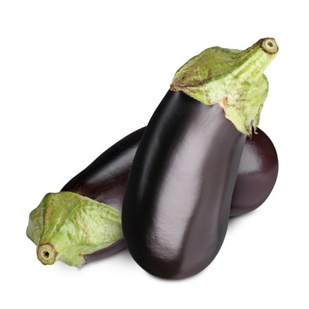 Ripe eggplants isolated on white. Fresh vegetableの写真素材