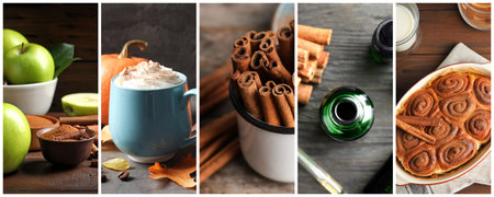 Cinnamon, collage with aromatic spice added to food and drink