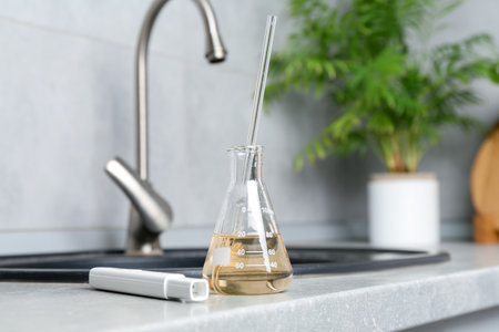 Sample of dirty water and quality meter near sink indoorsの写真素材