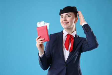 Smiling attendant with passport and tickets on light blue backgroundの写真素材