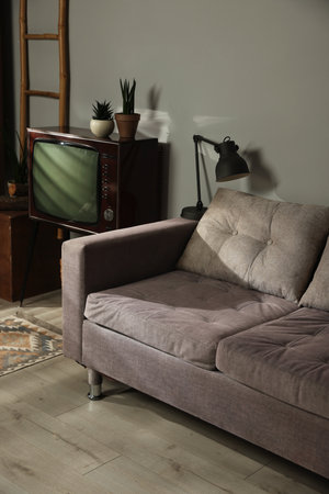 Soft sofa, retro TV set and other stuff indoorsの写真素材