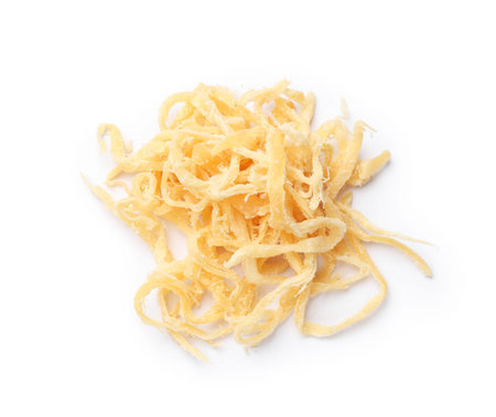 Tasty dried squid shavings isolated on white, top view