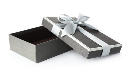 Open gift box with beautiful lid isolated on white