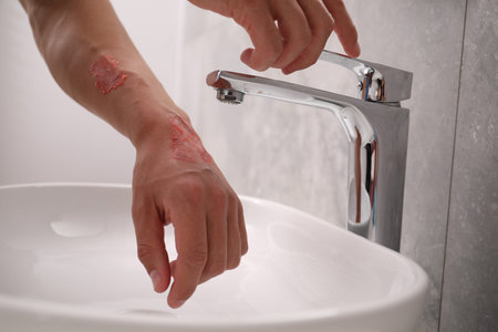 Man holding burned hand under water indoors, closeup