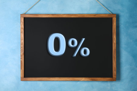 Chalkboard with 0% hanging on light blue wall