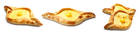 Khachapuri. Tasty pastry with cheese and egg isolated on white, set