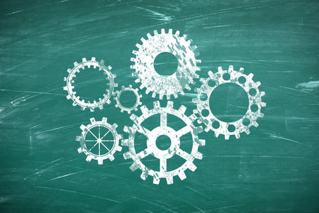 Many cogwheels drawn on green chalkboard. Gear mechanismの写真素材