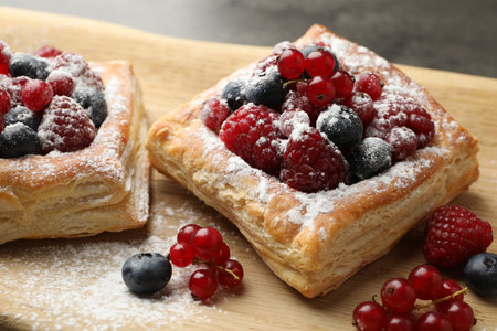 Tasty puff pastries with berries and powdered sugar on table, closeupの写真素材