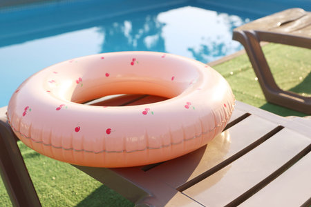 Pink inflatable ring on sun lounger near swimming pool outdoors
