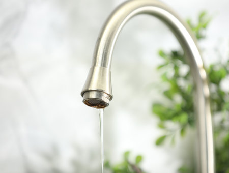 Save water concept. Water dripping from tap indoors, closeup