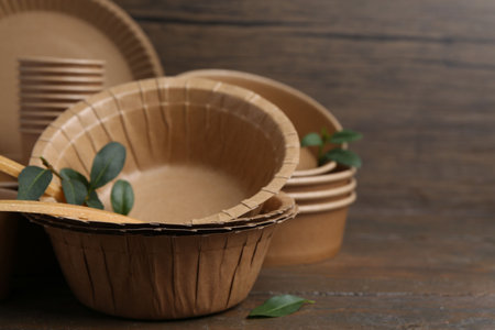 Set of disposable tableware and green leaves on wooden table, closeup. Space for textの写真素材
