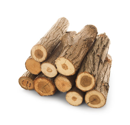 Pile of cut firewood isolated on white
