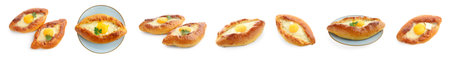 Khachapuri. Tasty pastry with cheese and egg isolated on white, set