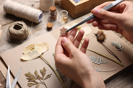 Woman putting dry flowers into notebook at wooden table, closeupの写真素材