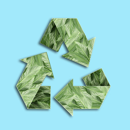 Recycle sign. Chasing arrows with pattern of green leaves on light blue backgroundの写真素材