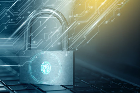 Padlock with digital fingerprint scan on laptop, color toned. Circuit board pattern. Cyber security