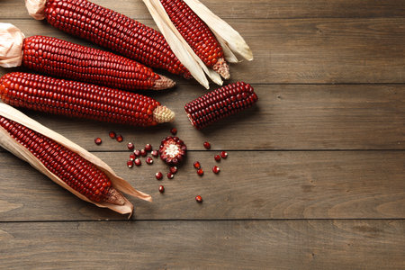 Ripe red corn cobs on wooden table, flat lay. Space for textの写真素材