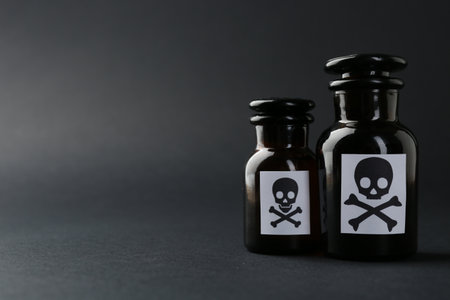 Bottles with warning signs on gray background, closeup. Space for textの写真素材