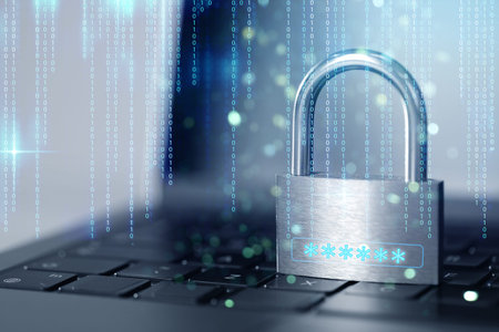 Padlock with digital password asterisks on laptop, bokeh effect. Binary code. Cyber security