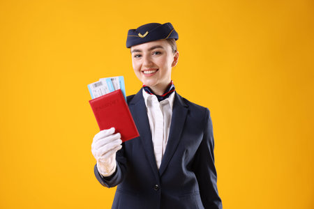 Smiling stewardess with passport and tickets on yellow background