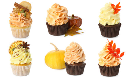 Yummy fall cupcakes isolated on white, setの写真素材