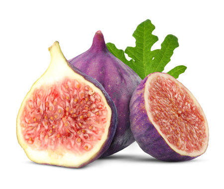 Fresh sweet figs and green leaf isolated on white