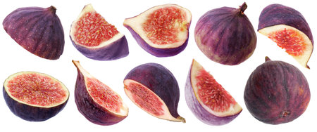 Fresh ripe figs isolated on white, set. Whole and sliced