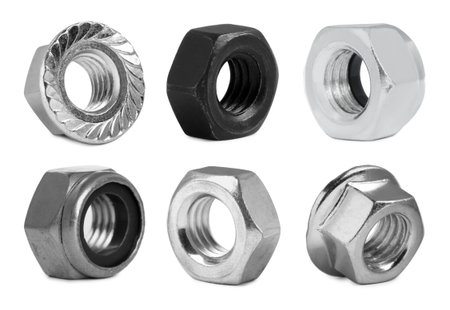 Different metal nuts isolated on white, set