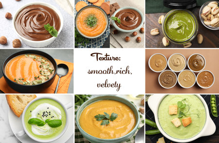 Smooth and velvety food texture. Cream soups and nut spreads, collage
