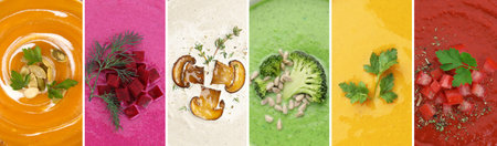 Smooth and velvety food texture. Different cream soups, collageの写真素材