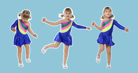 Funny little girl jumping against light blue background. Collage of photosの写真素材