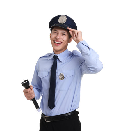 Portrait of policeman in uniform with flashlight isolated on white