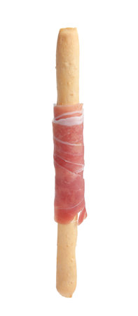Delicious grissini stick with prosciutto isolated on white