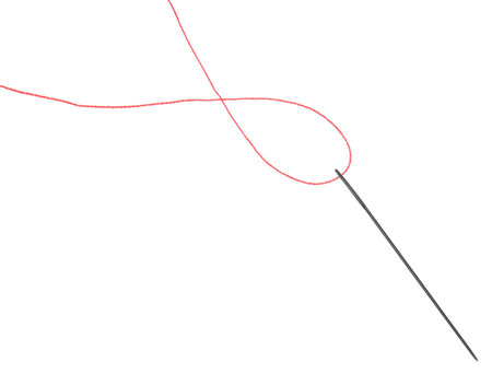 Sewing needle with red thread isolated on white