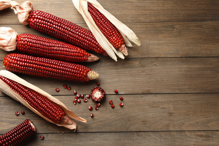 Ripe red corn cobs on wooden table, flat lay. Space for text