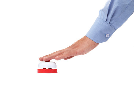 Man pressing button on white background, closeup