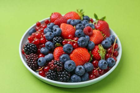 Different ripe berries on green background, closeup